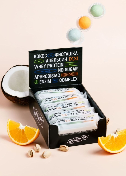 Конфеты протеиновые MyTrueFit, 350 г | шоу-бокс — кокос, фисташка, апельсин